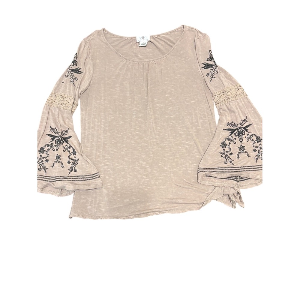 OSO Taupe Bell-Sleeve Women's Embroidered Blouse‎